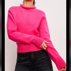 Good American Sweater Mock Neck Knit Top Pink Small Cozy Super Soft Roll Neck